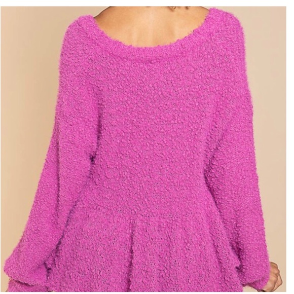 Hot Pink Magenta Peplum Top Long Balloon Sleeves Popcorn Sweater - Picture 4 of 9